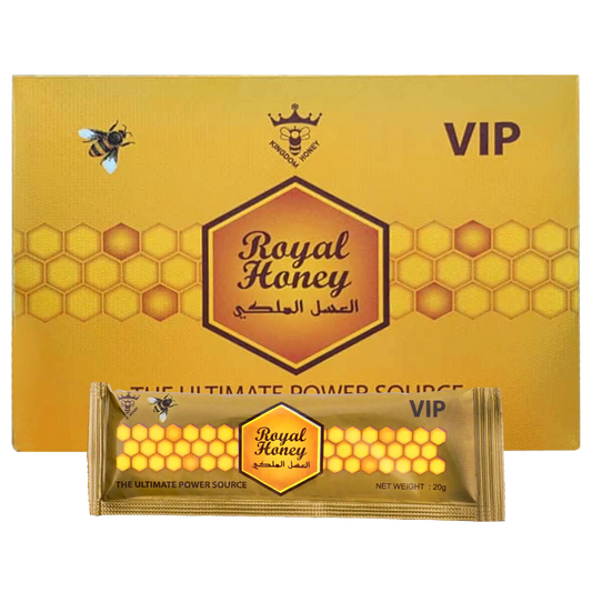 Royal Honey VIP package with honeycomb design and bee illustration on a yellow background