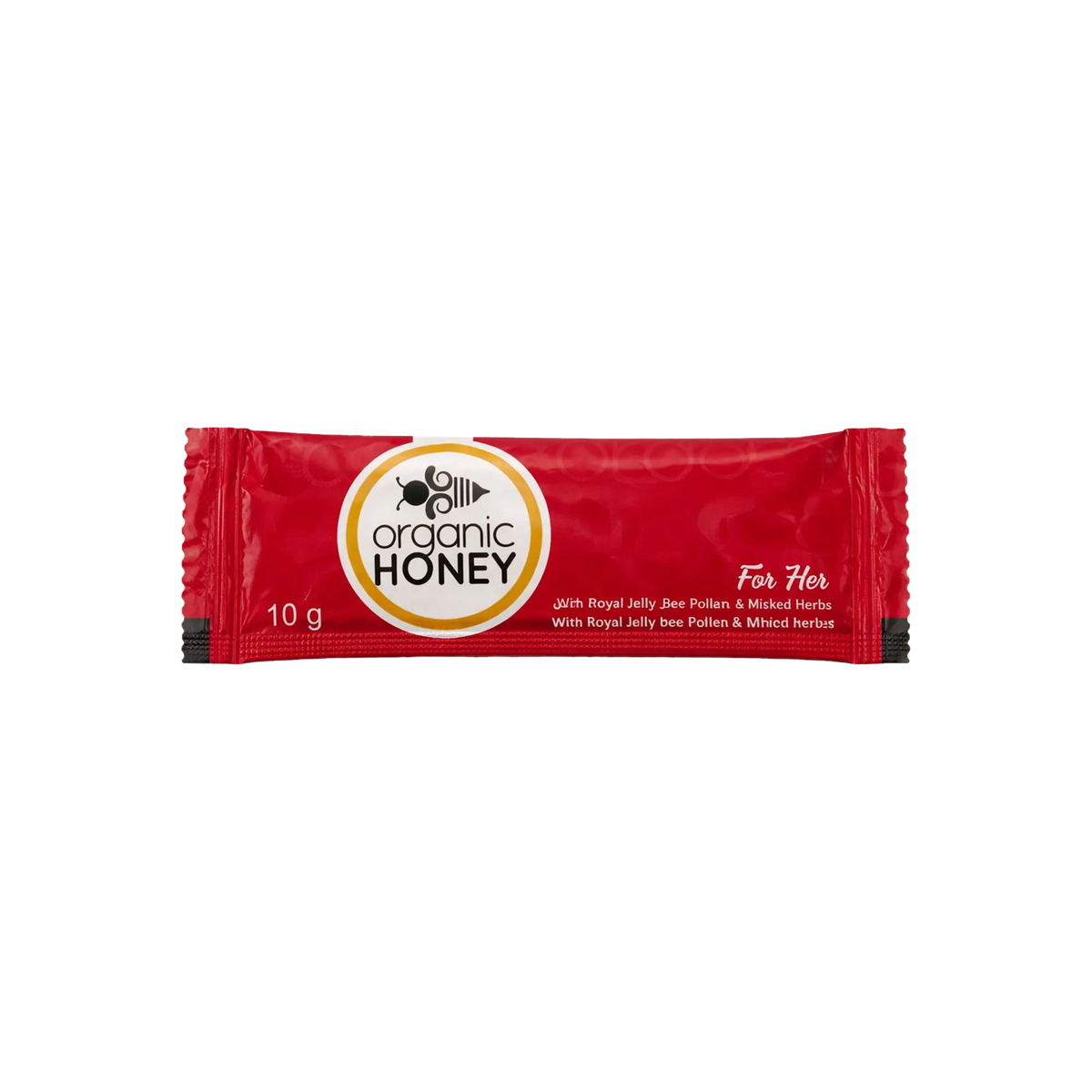 A 10g single-serve packet of Organic Honey For Her, featuring a vibrant red wrapper with a central white and gold circular logo, set against a plain white background.