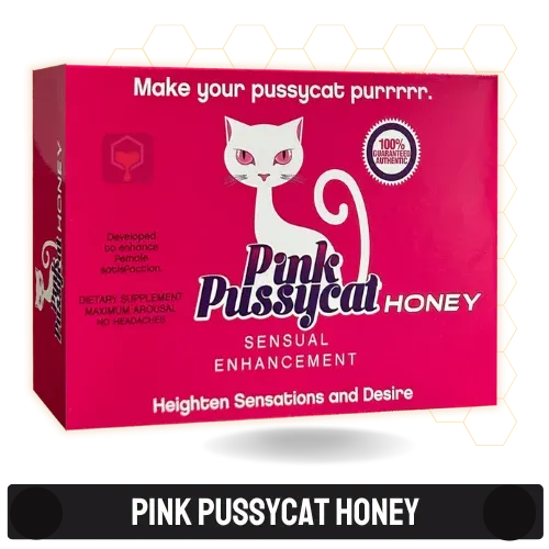 A pink rectangular product box for 'Pink Pussycat Honey' with a white cat illustration and bold text, shown on a white background with a black banner at the bottom.