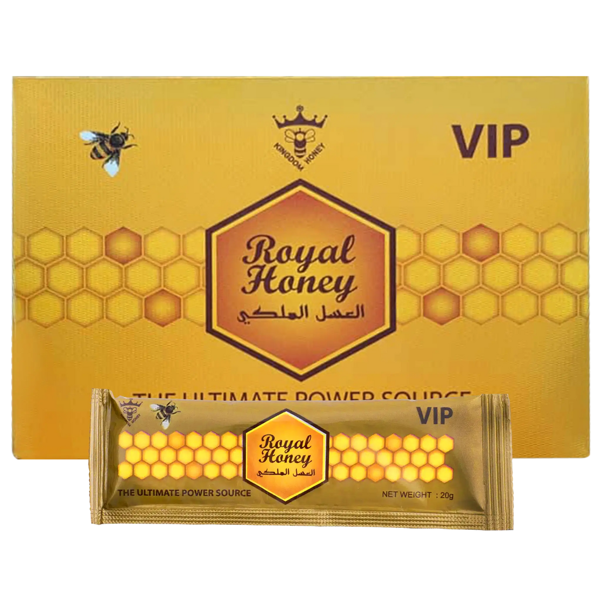 Royal Honey VIP package with honeycomb design and bee illustration on a yellow background