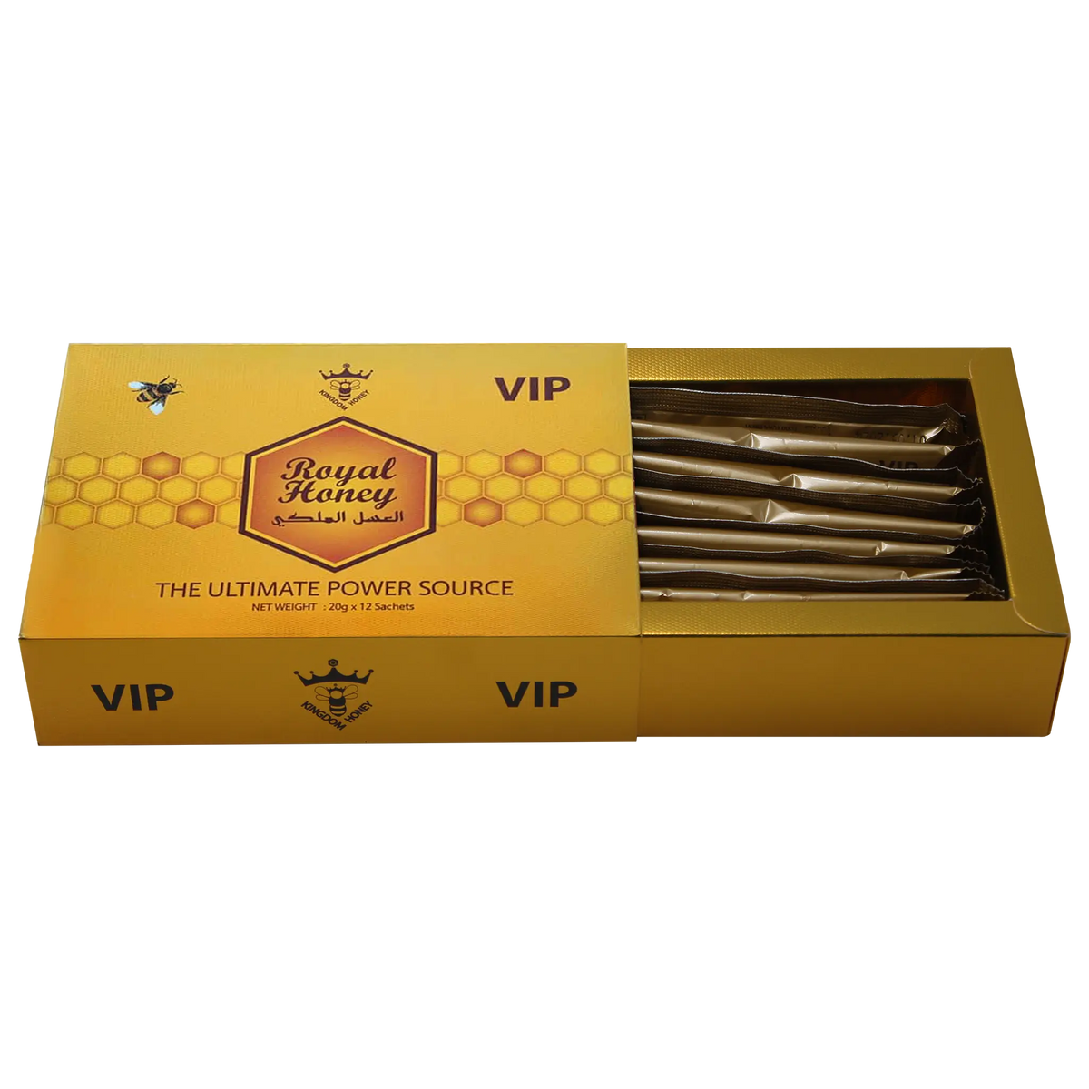 Box of Royal Honey with honey sticks on a white background